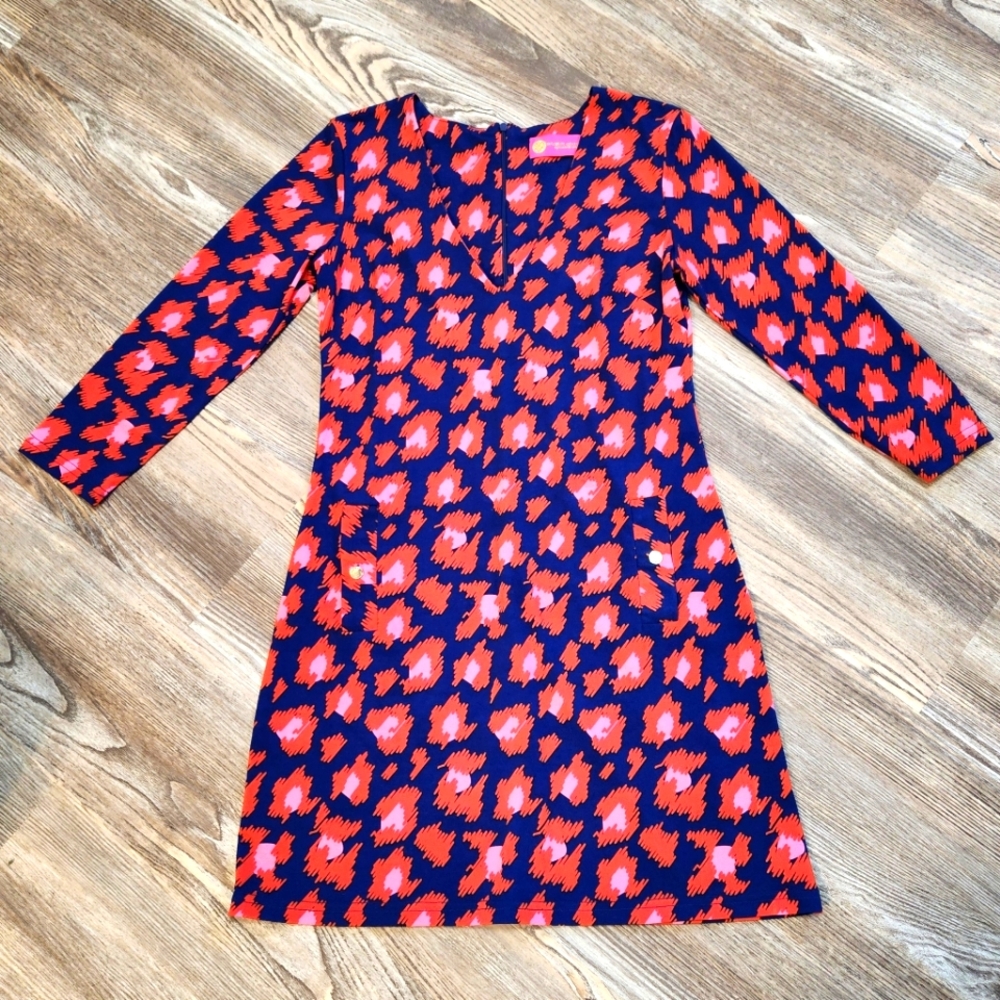 Margaret Joseph Womens M Mini 3/4 Sleeve Stretch Dress Navy Red Pink Geometric